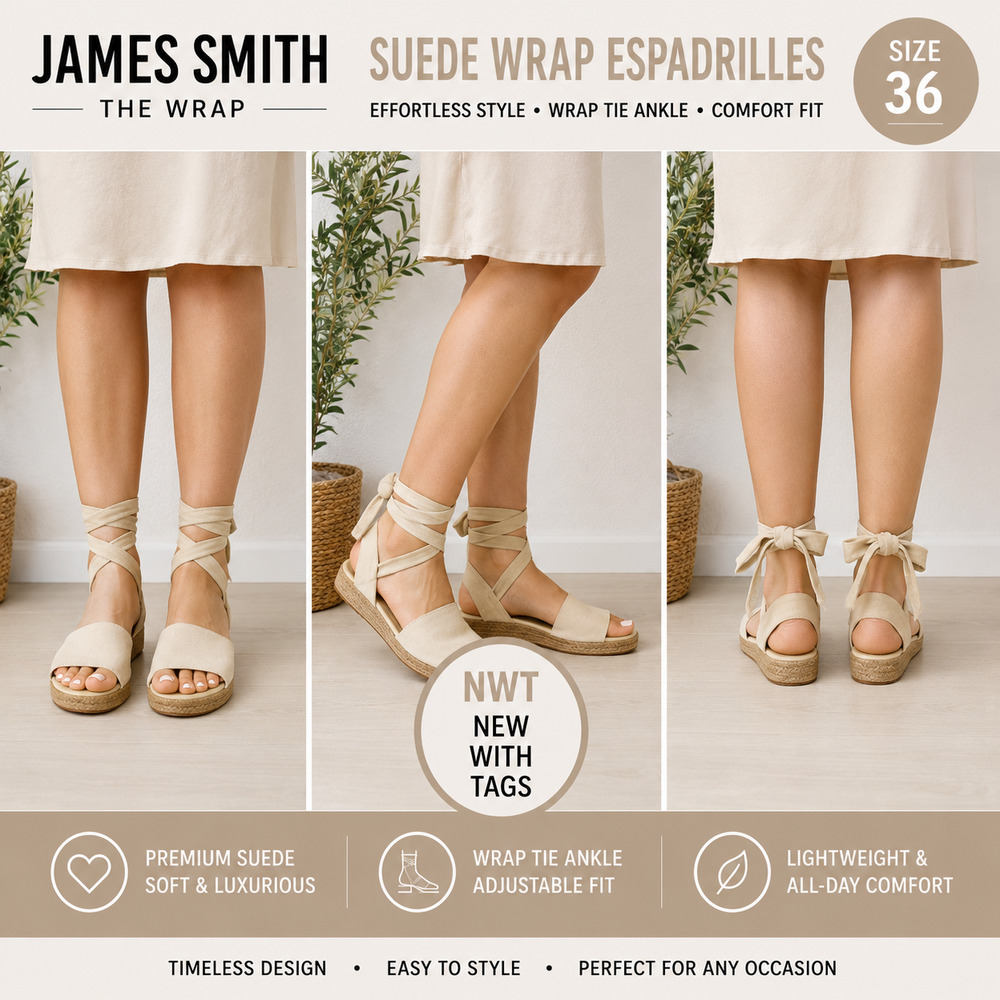 JAMES SMITH The Wrap Suede Espadrille in Cream Size 36 (5.5 US)
